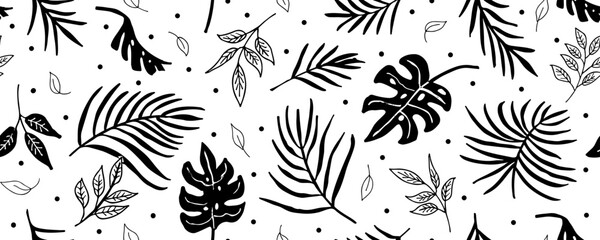 Botanical seamless pattern, hand drawn line tropical leaves on white background.