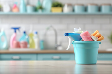 Bucket with cleaning items on wooden table and blurry modern kitchen background