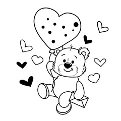 Cute teddy bear in love on the air balloon. Vector cartoon illustration. Valentine's сoloring book for children