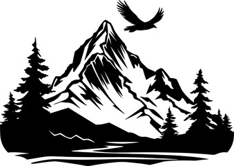 Mountain with pine trees and landscape black on white background. Vector illustration mountain with pine trees on white background. AI generated illustration.