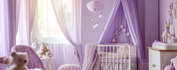 Detailed light purple photography of a baby girl bedroom with a baby bed mobile, indoor, light purple