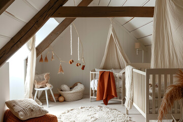 Detailed terracotta and beige photography of an attic baby bedroom with a baby bed mobile, indoor - obrazy, fototapety, plakaty