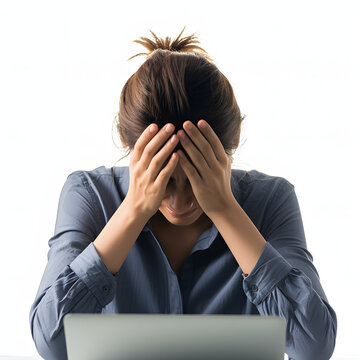Person visibly stressed at work isolated on white background, png
