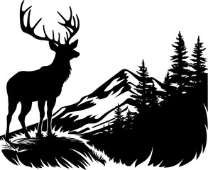 Vector illustration of mountain landscape with forest and deer. AI generated illustration.