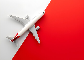  air travel concept on red and white background with copy space.