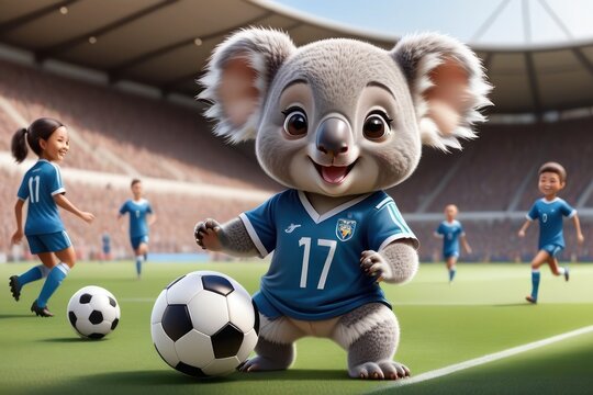 Joyful koala cartoon in sport uniform having a fun time playing football.