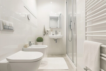 Fototapeta na wymiar Spacious bathroom in white Design with heated floors, walk-in shower, sink vanity and skylights.