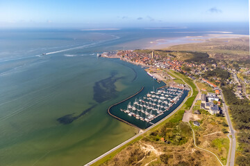 Aerial drone image of Terschelling and the Wadden sea on a summer day