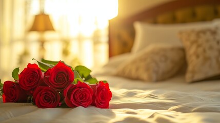Romantic Red Roses on Bed in Warm Sunset Light.
A romantic bouquet of red roses laying on a soft bed bathed in the warm glow of sunset light.
