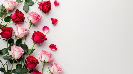 Pink and red roses in a clean white background with a copy space
