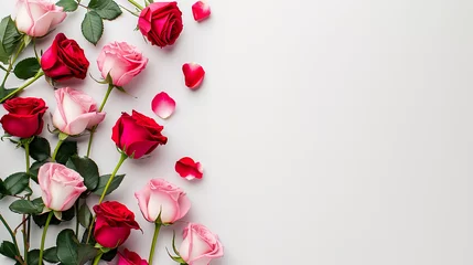 Deurstickers Pink and red roses in a clean white background with a copy space © Nate