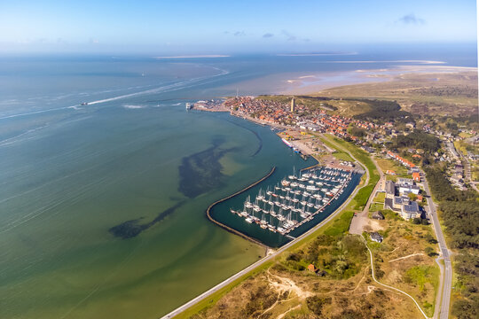 Aerial drone image of Terschelling and the Wadden sea on a summer day