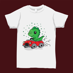 a green dinosaur with red car design on white t-shirt.