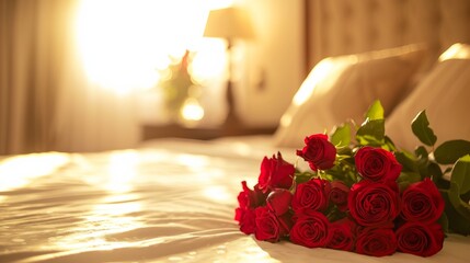 Romantic Red Roses Bouquet on Bed in Soft Morning Light.
A beautiful bouquet of red roses lying on a bed, caressed by the soft morning light, perfect for a romantic surprise.