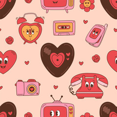 seamless pattern with retro phone, camera, cassette, alarm clock for Valentine's Day