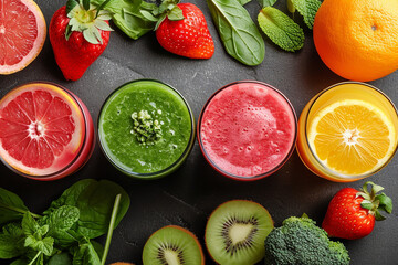 Vegetable and fruit smoothies in glasses, top view