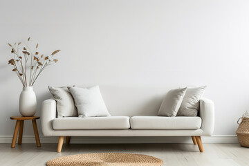 View of modern scandinavian style interior with sofa and trendy vase, Home staging and minimalism concept