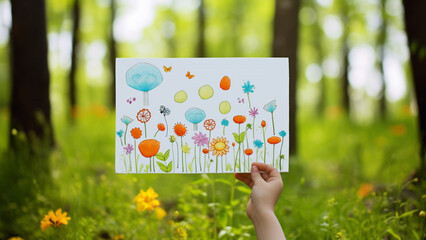 child holding his artwork for spring 