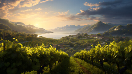  a picturesque vineyard at sunset, with rows of grapevines basking in the warm light, creating a...