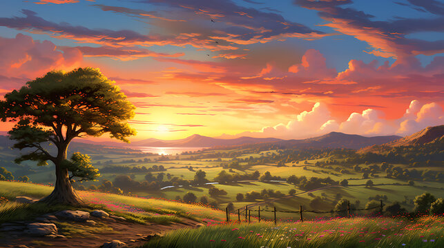  a peaceful countryside scene at sunset, with rolling hills and a colorful sky, portraying the beauty of rural nature in realistic HD detail