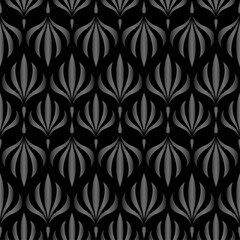 Floral seamless pattern. Retro stylish geometric texture with black metallic Art Nouveau tiles. Vector geometric decorative leaves texture isolated on black background abstract art deco style