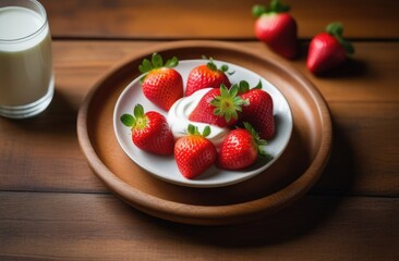 Fresh strawberries with sour cream on a plate and ceramic tray, a glass with milk next to it. Healthy food concept