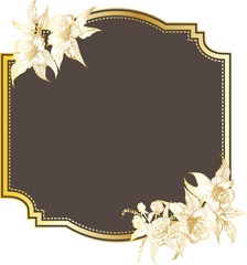 Gold geometric frame with hand drawn floral illustration on transparent background.
