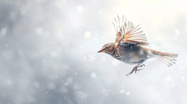 Bird Flying Through Snowy Air on a Winter Day