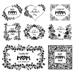 Happy Mothers Day!  I love my mom. Best Mom Ever. Ornate horizontal holidays greeting cards with flowers, heart, butterfly, lettering, typographic design, floral  frames.  illustration.
