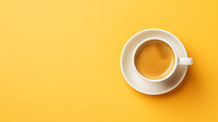 Top view cup of coffee latte on yellow background - obrazy, fototapety, plakaty