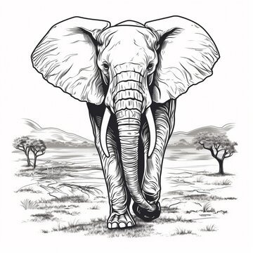 Elephant in the savannah, sketch vector graphics monochrome illustration. AI.