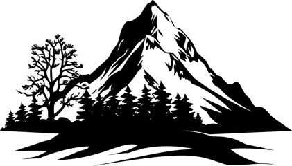 Black silhouette of mountains and forest fir trees camping landscape panorama illustration icon vector for logo, isolated on white background. AI generated illustration.