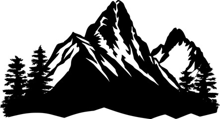 Black silhouette of mountains and forest fir trees camping landscape panorama illustration icon vector for logo, isolated on white background. AI generated illustration.