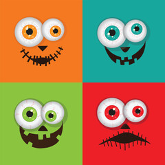 Cartoon monster faces set. Vector set of four Halloween monster faces and funny eyes