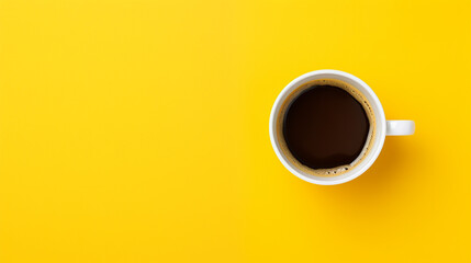 Top view of expresso coffee cup on yellow background