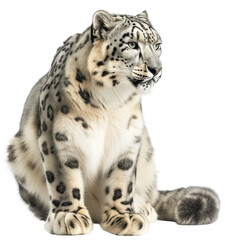 A sitting white snow leopard isolated on a white background