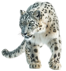 Closeup of a standing snow leopard isolated on a white background