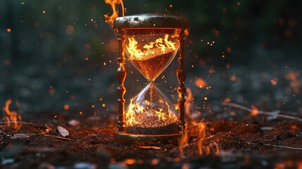Time concept. Burning hourglass with smoke in the forest with dark background - obrazy, fototapety, plakaty