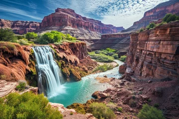 Foto op Canvas Wide angle view of stunning canyon and waterfall. Landscape concept of view and scenery.  © cwa