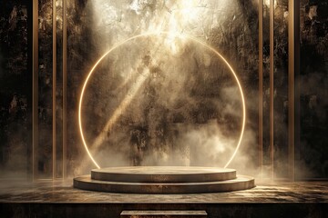 Celestial showcase. Minimalistic design featuring empty stage black space and illuminated circular podium ideal for capturing essence of mystery and modern elegance