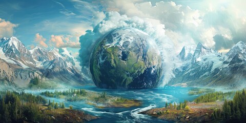 Fantasy landscape with planet Earth and mountains. Save the planet concept. Global warming concept