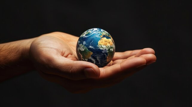 Hand holding a globe with the image of the planet earth on a black background. Save the planet concept