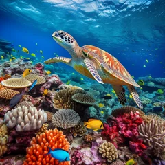Fototapeten Coral reef many fishes sea turtle © Kokhanchikov