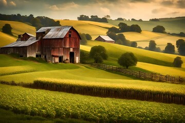 landscape with green fields and  a barn in the background - obrazy, fototapety, plakaty