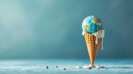 Ice cream in a waffle cone in the form of a earth planet is melting on blue background. Global warming concept - obrazy, fototapety, plakaty
