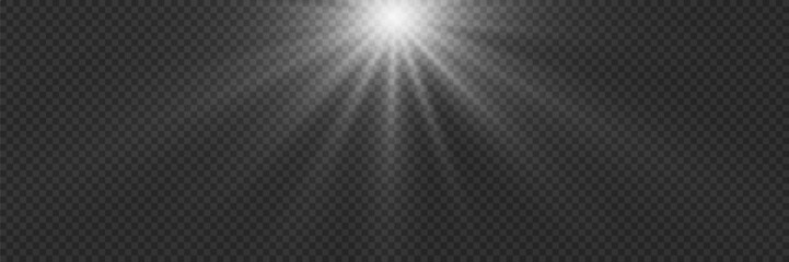 White flash light effect. The flare flashes with rays and spotlight. Beautiful star with flashes of sun rays. On a transparent background. - obrazy, fototapety, plakaty