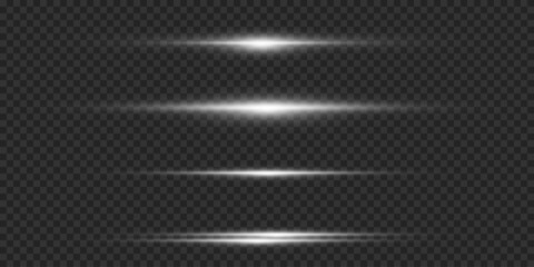 Set of white horizontal highlights. Laser beams, horizontal light flashes. Glowing stripes on a light background.