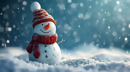 Fototapeta premium Snowman on snow with bokeh background. Christmas and New Year concept.