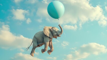 Baby elephant flying on blue balloon with blue sky as background. Copy space