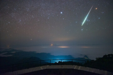 The stars on the night of the Geminid constellation there is a meteor shower with a fireball over...